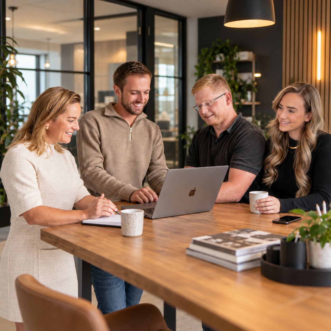 Vier teamleden van Level Up Club overleggen lachend rond een laptop